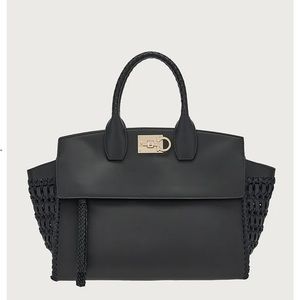 NWT Leather and Raffia Black Ferragamo Studio bag